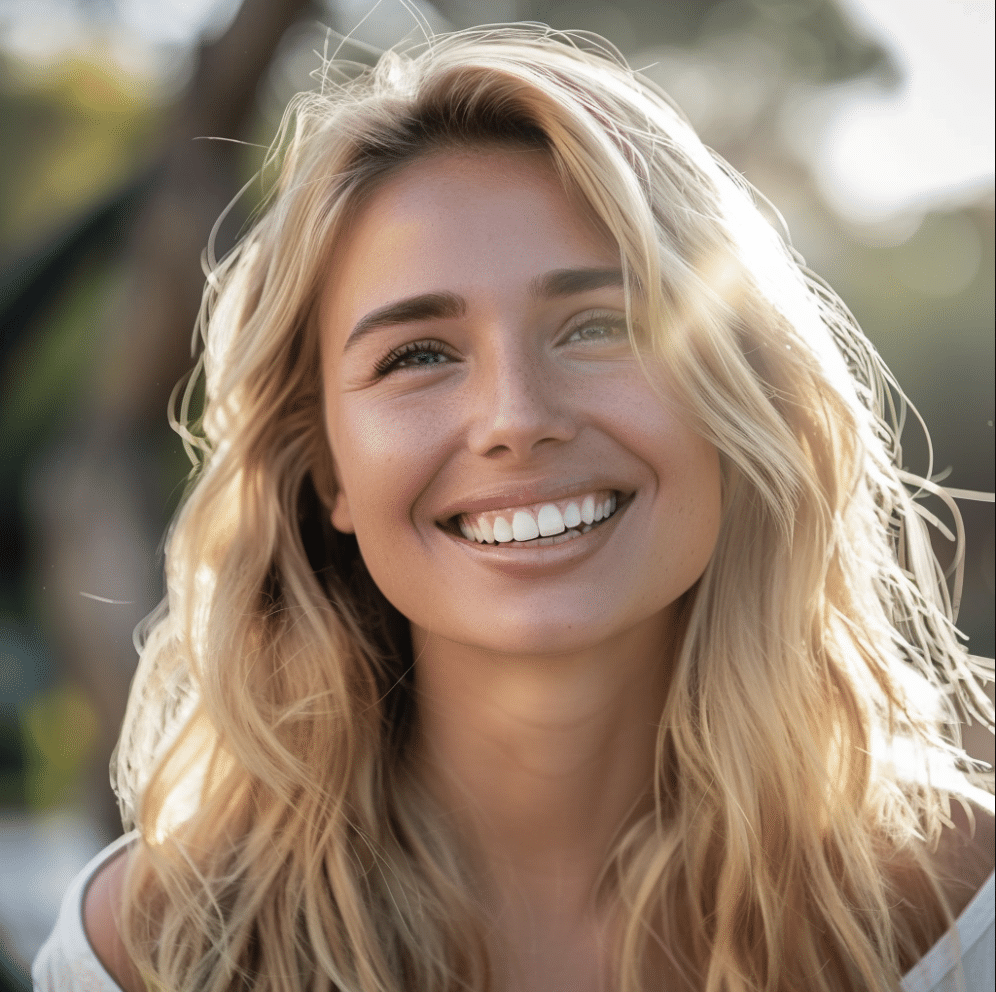 a woman smiling with long blonde hair